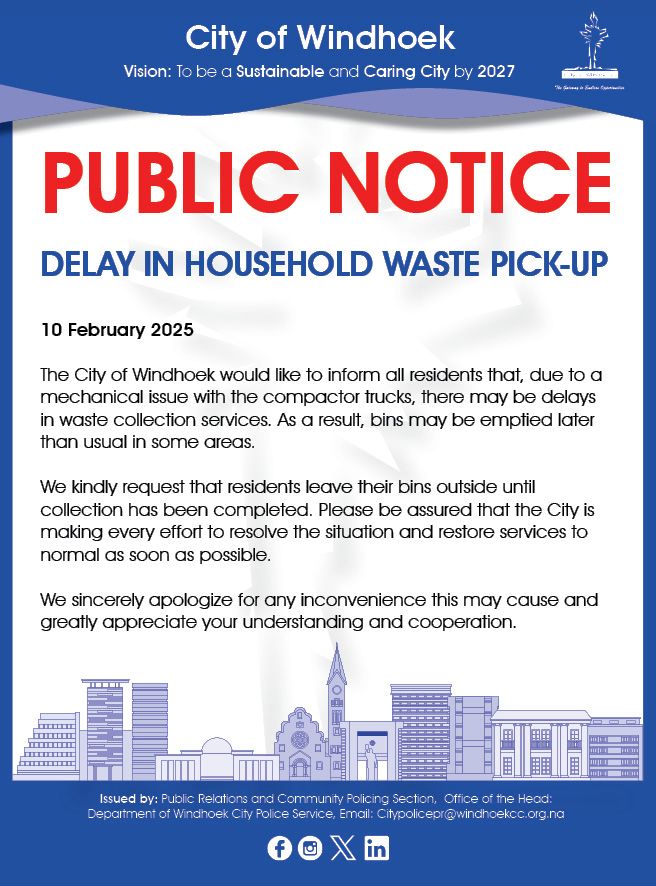 Possible delay in household waste collection for Windhoek