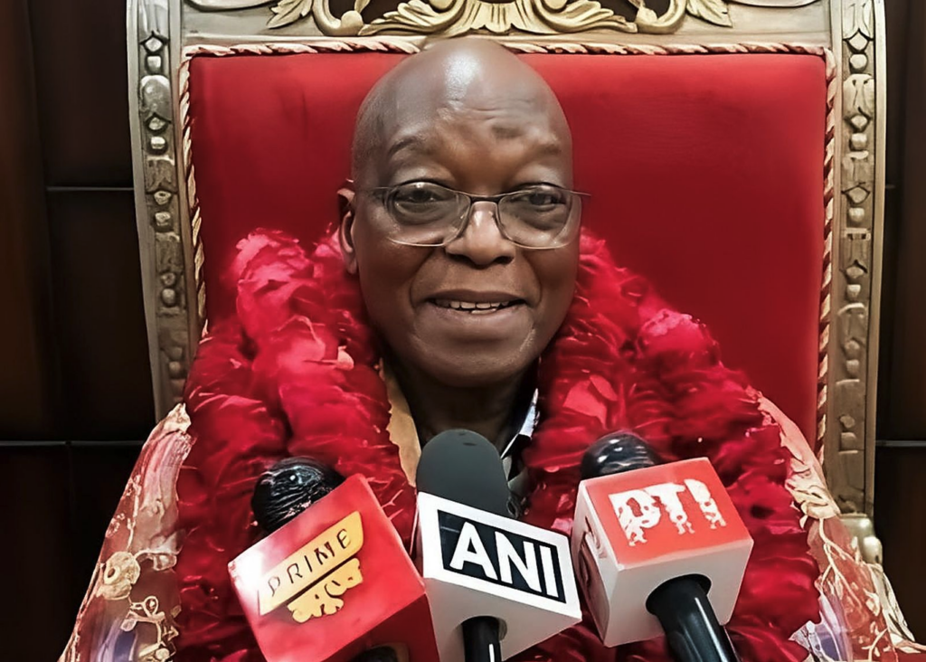 Jacob Zuma, garlanded with flowers, gives an interview to Indian journalists. (Image: TikTok / @newsnexussa)