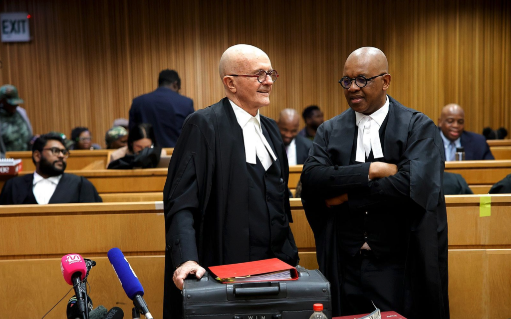 Advocates Wim Trengove and Dali Mpofu exchange pleasantries at the urgent interdict hearing on 15 July. (Photo: ER Lombard / Gallo Images)