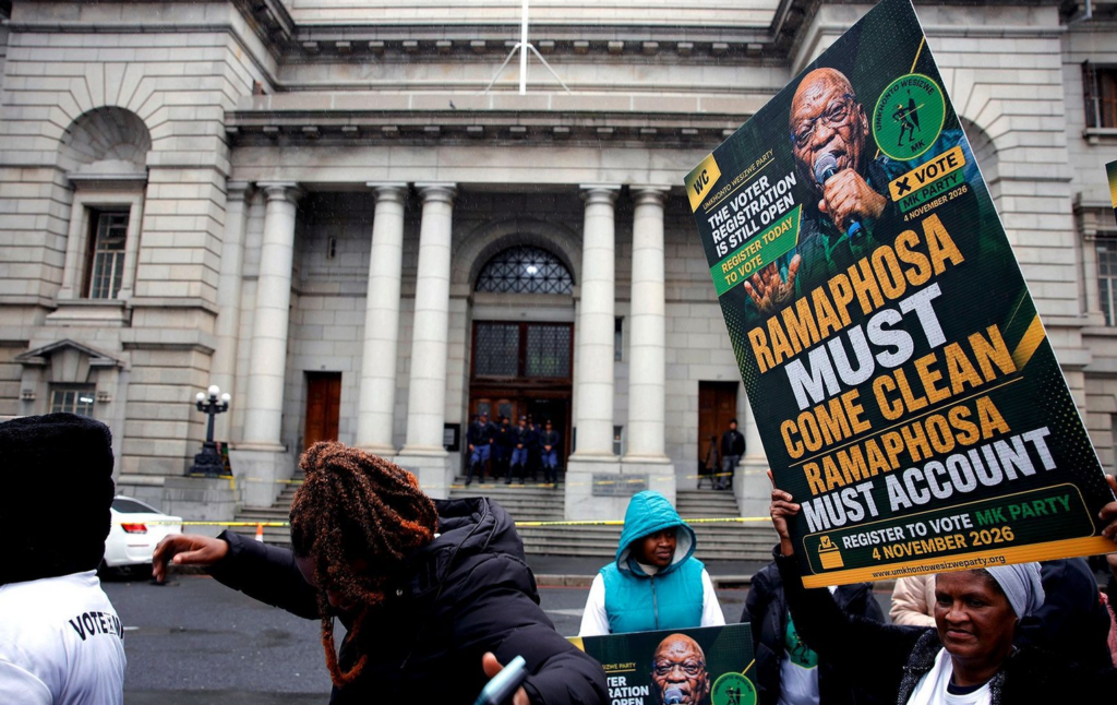 Members of the MK Party protest outside the Western Cape High Court on 15 July. (Photo: ER Lombard / Gallo Images)
