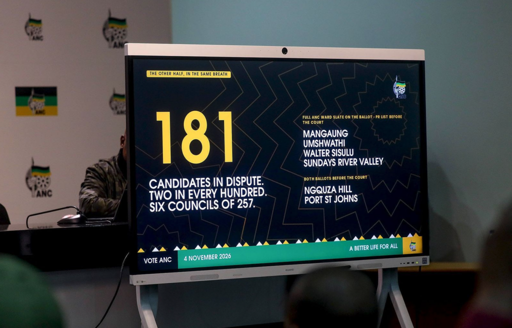 Visual presentation at the media briefing on the submission of councillor candidates for the 2026 Local Government Elections at Luthuli House Media Centre on September 08, 2026 in Johannesburg, South Africa. The briefing provided an overview of the candidate submission process, and further confirm readiness to contest the upcoming local government elections. (Photo: Gallo Images / Sharon Seretlo)