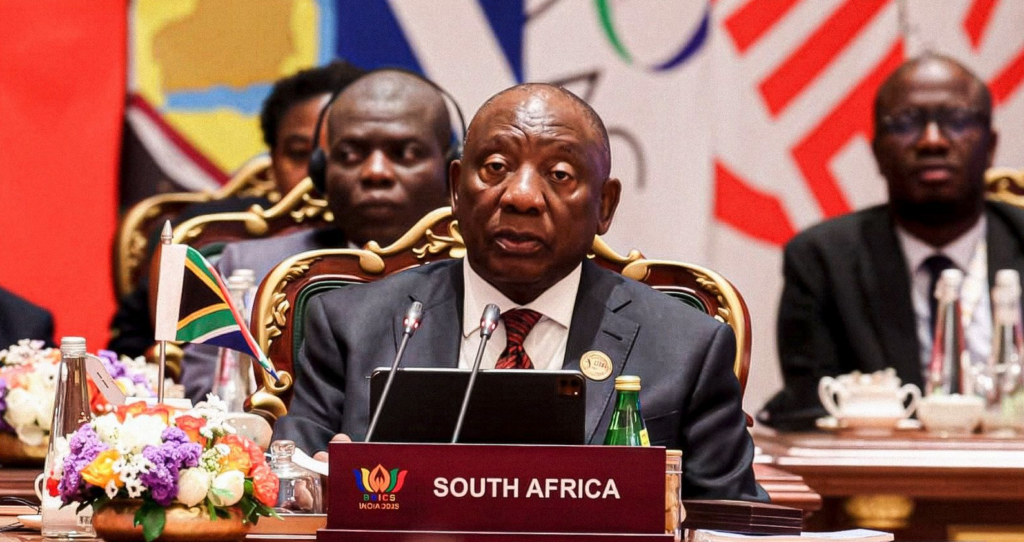 His Excellency President Cyril Ramaphosa delivers country statement during a session of BRICS and Invited Leaders during the 18th BRICS Leaders' Summit held at Bharat Mandapam in New Delhi, Republic of India. (Photo: Siyabulela Duda / GCIS)